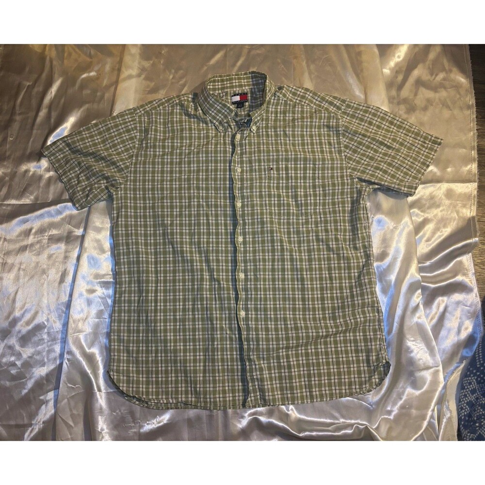 Tommy Hilfiger Men's Size XL Short Sleeve Button Down Plaid Shirt Green White